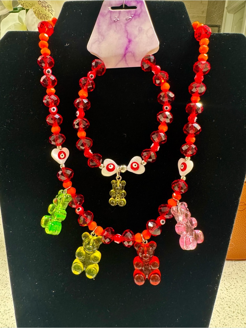 Handmade Red Beaded Necklace Set with Gummy Bear Charms